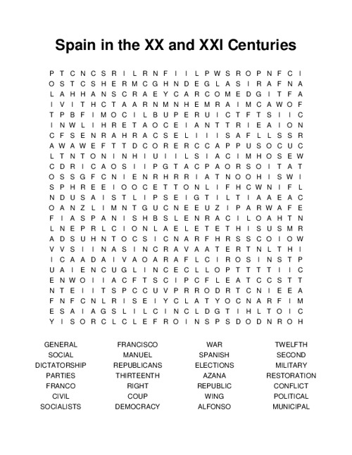Spain in the XX and XXI Centuries Word Search Puzzle