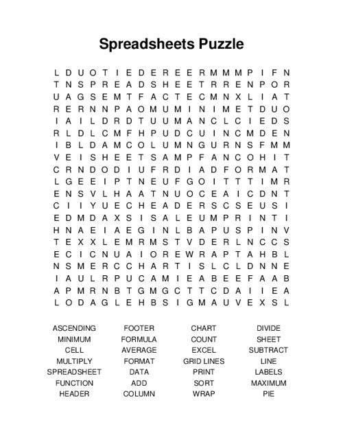 Spreadsheets Puzzle Word Search Puzzle