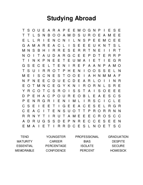 Studying Abroad Word Search Puzzle