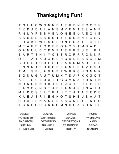 Thanksgiving Fun! Word Search Puzzle