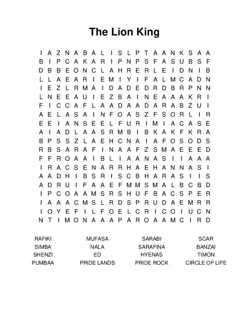 The Lion King Word Search Puzzle