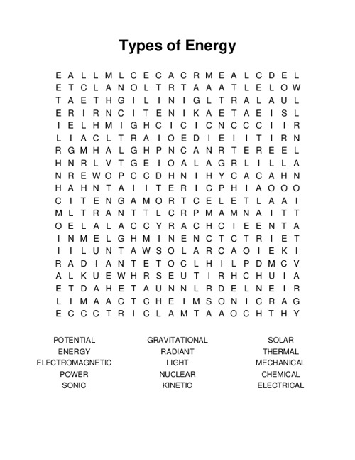 Types of Energy Word Search Puzzle