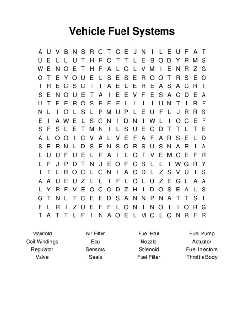 Vehicle Fuel Systems Word Search Puzzle