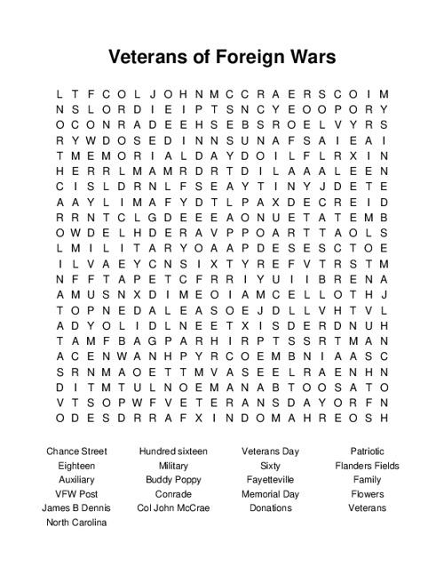 Veterans of Foreign Wars Word Search Puzzle