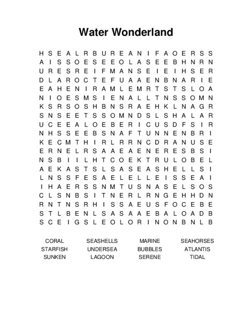 Water Wonderland Word Search Puzzle