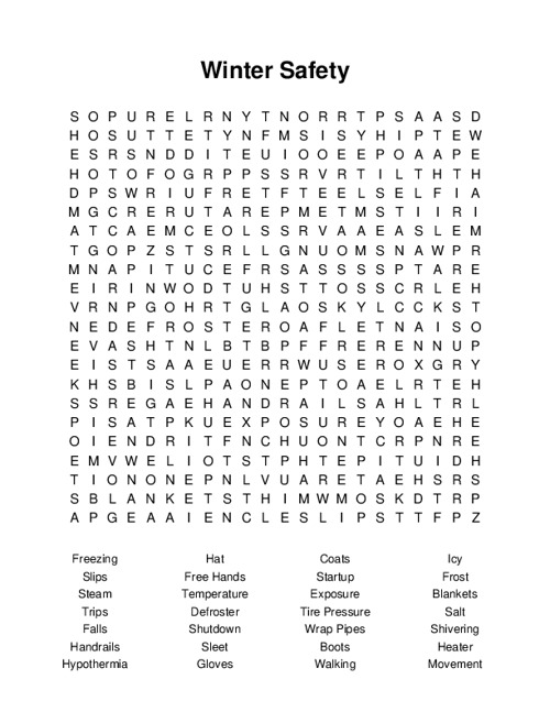 Winter Safety Word Search Puzzle