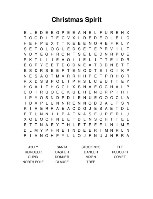 Christmas Spirit Word Search Puzzle