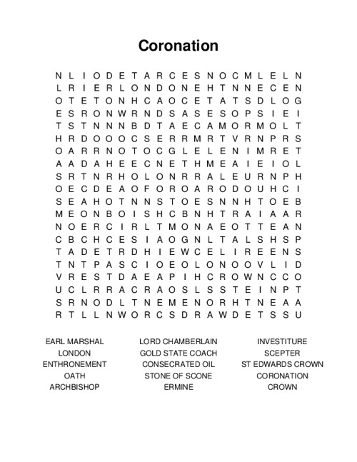 Coronation Word Search Puzzle