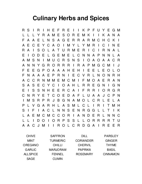 Culinary Herbs and Spices Word Search Puzzle