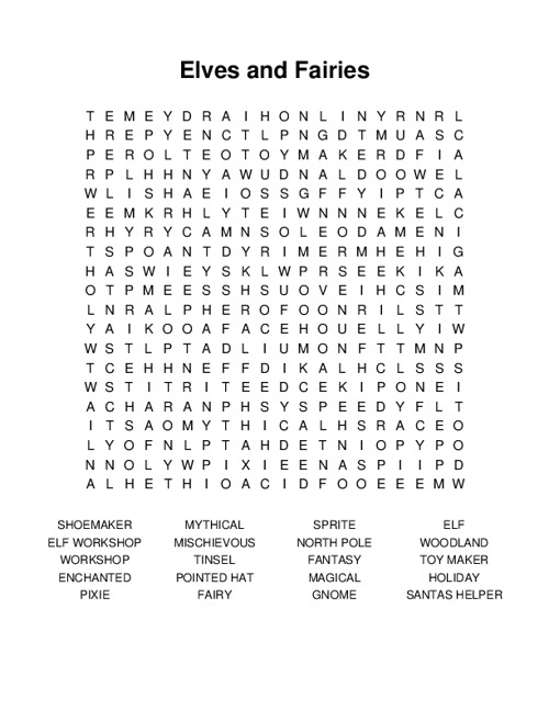 Elves and Fairies Word Search Puzzle