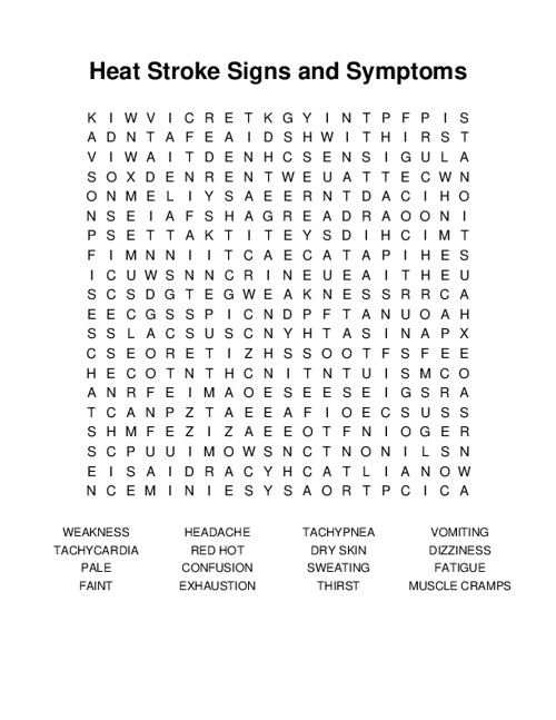 Heat Stroke Signs and Symptoms Word Search Puzzle