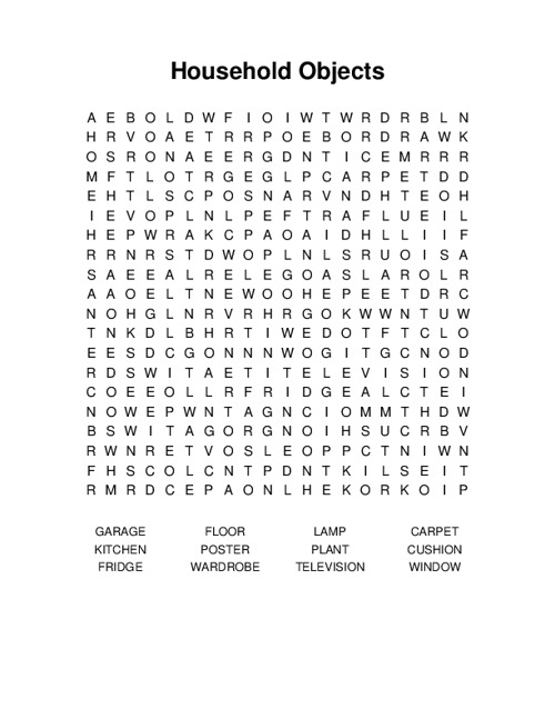 Household Objects Word Search Puzzle