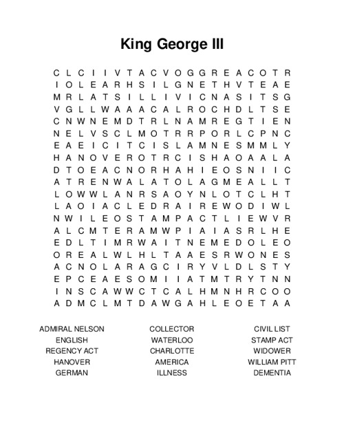 King George III Word Search Puzzle