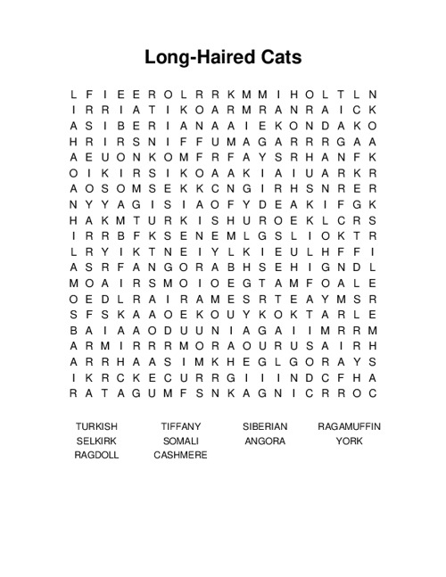 Long-Haired Cats Word Search Puzzle