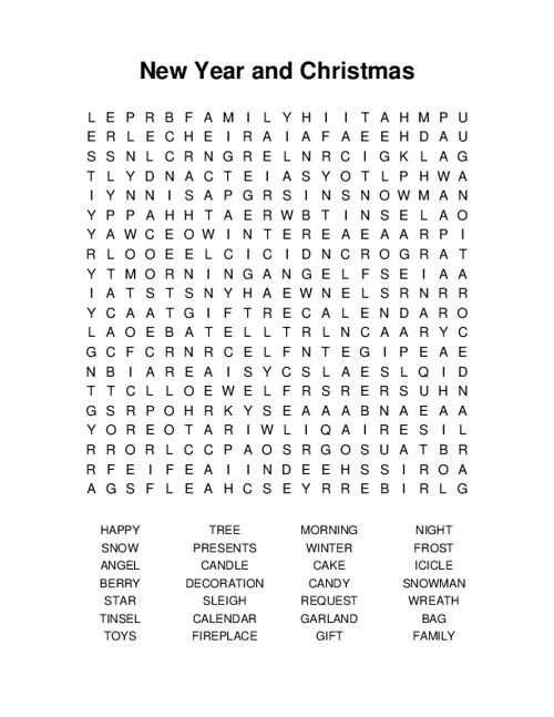 New Year and Christmas Word Search Puzzle
