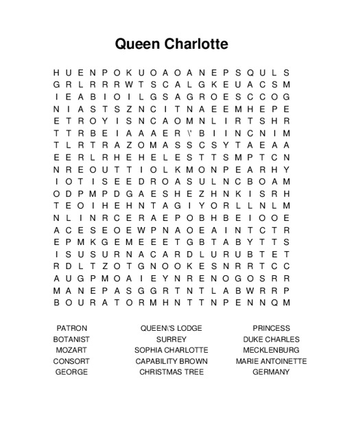 Queen Charlotte Word Search Puzzle