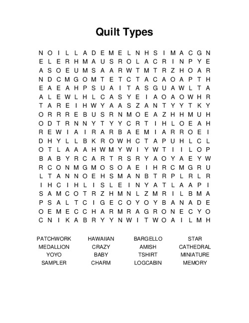 Quilt Types Word Search Puzzle