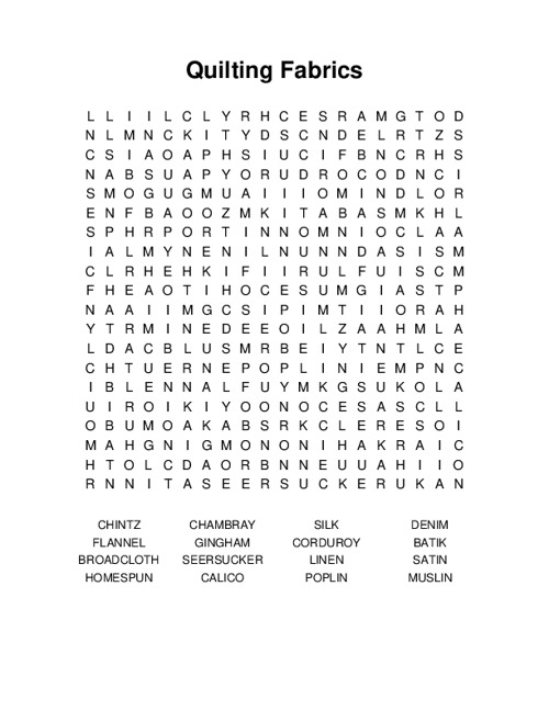 Quilting Fabrics Word Search Puzzle