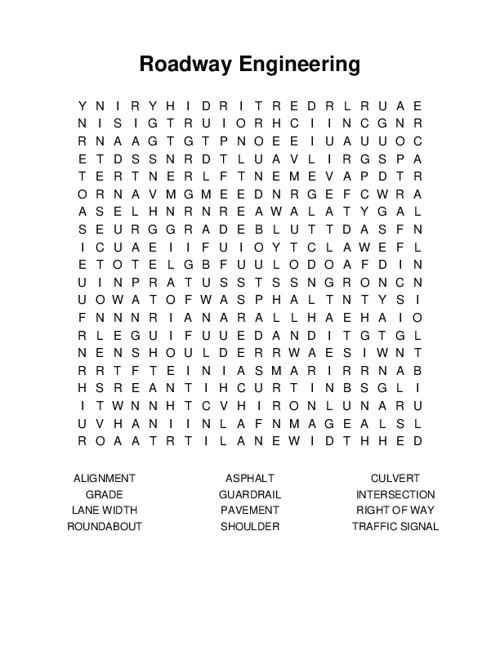 Roadway Engineering Word Search Puzzle