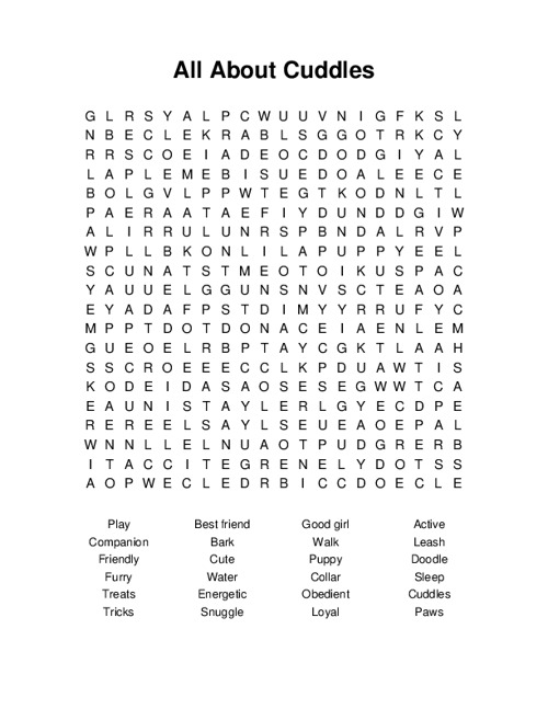All About Cuddles Word Search Puzzle