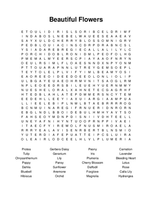 Beautiful Flowers Word Search Puzzle