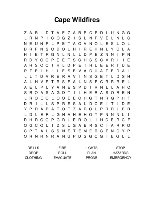 Cape Wildfires Word Search Puzzle