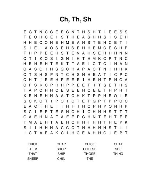 Ch, Th, Sh Word Search Puzzle