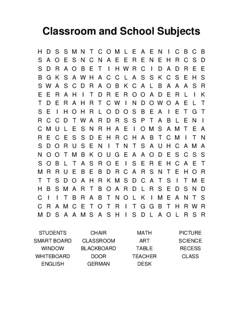 Classroom and School Subjects Word Search Puzzle
