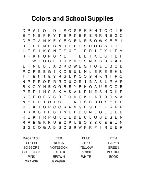 Colors and School Supplies Word Search Puzzle