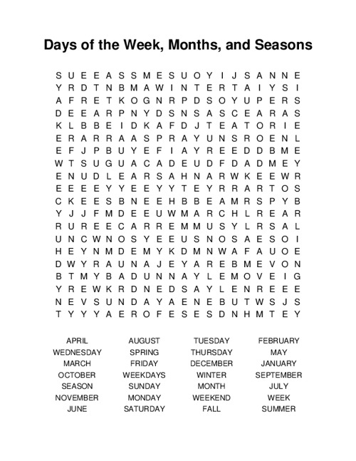Days of the Week, Months, and Seasons Word Search Puzzle