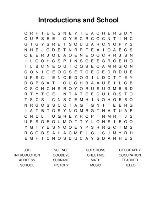 Introductions and School Word Search Puzzle