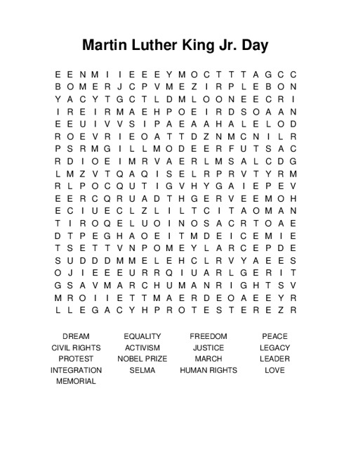 Martin Luther King Jr. Day Word Search Puzzle