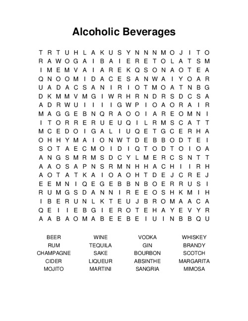Alcoholic Beverages Word Search Puzzle