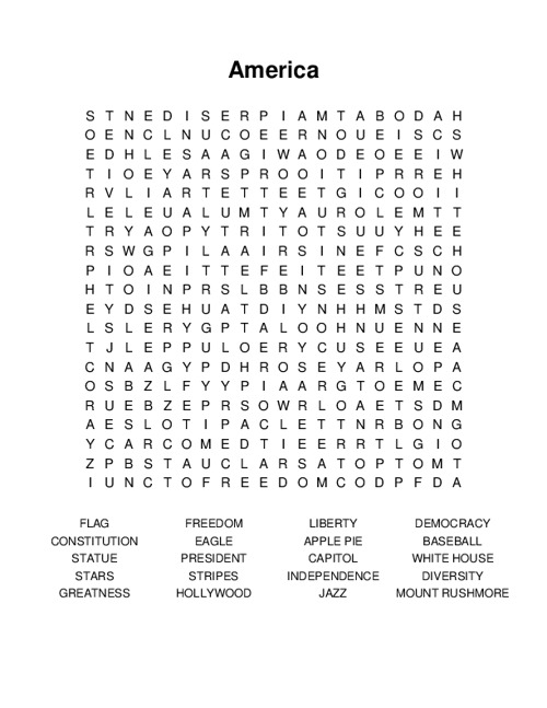 America Word Search Puzzle