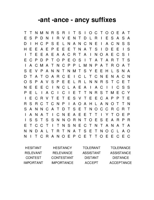 -ant -ance - ancy suffixes Word Search Puzzle