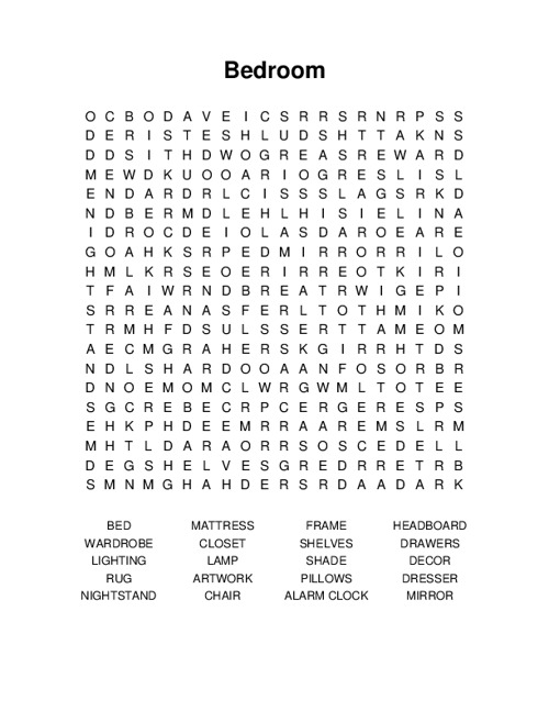 Bedroom Word Search Puzzle