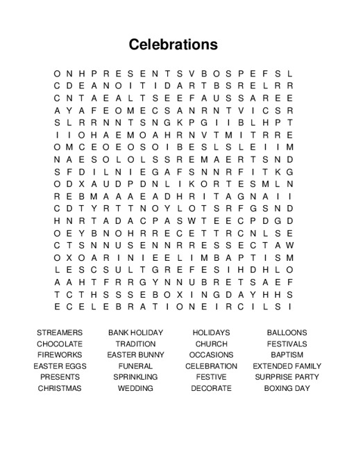 Celebrations Word Search Puzzle