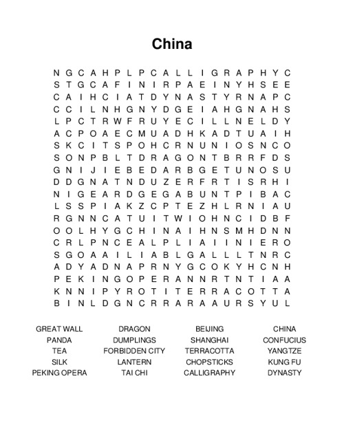 China Word Search Puzzle