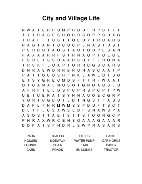 City and Village Life Word Search Puzzle