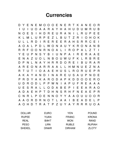 Currencies Word Search Puzzle