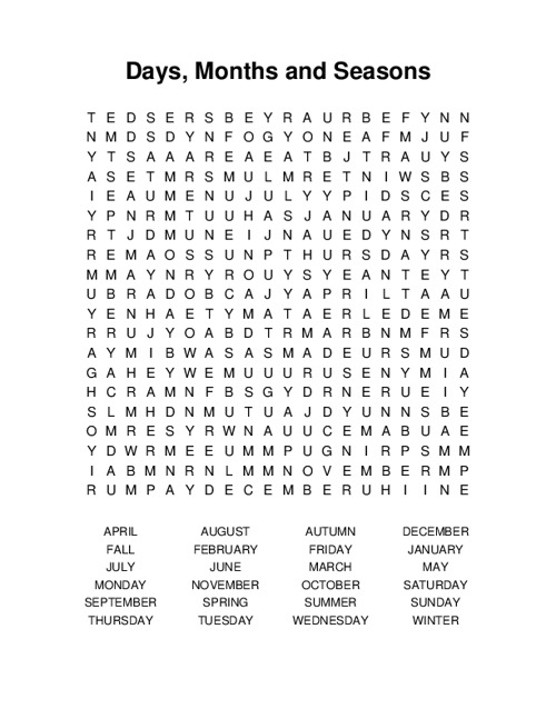 Days, Months and Seasons Word Search Puzzle
