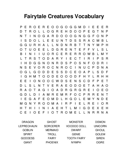 Fairytale Creatures Vocabulary Word Search Puzzle