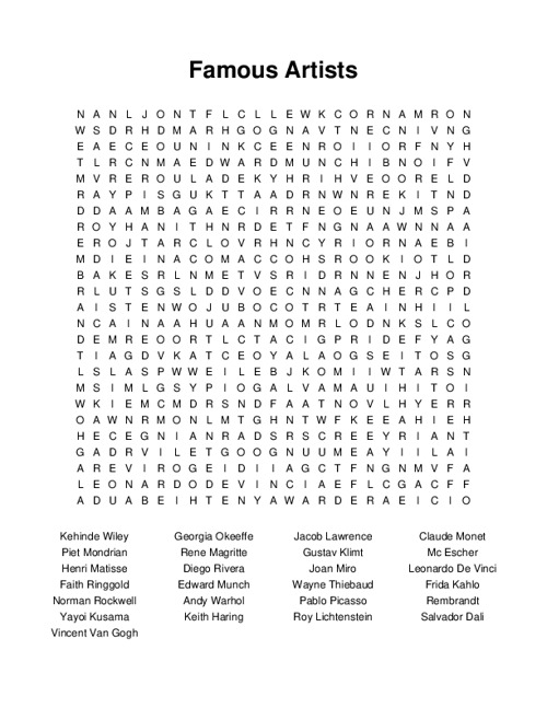Famous Artists Word Search Puzzle