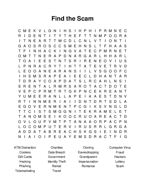 Find the Scam Word Search Puzzle