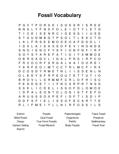 Fossil Vocabulary Word Search Puzzle