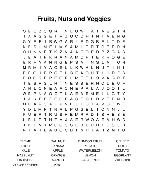 Fruits, Nuts and Veggies Word Search Puzzle