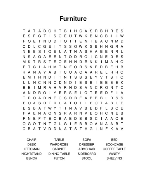 Furniture Word Search Puzzle
