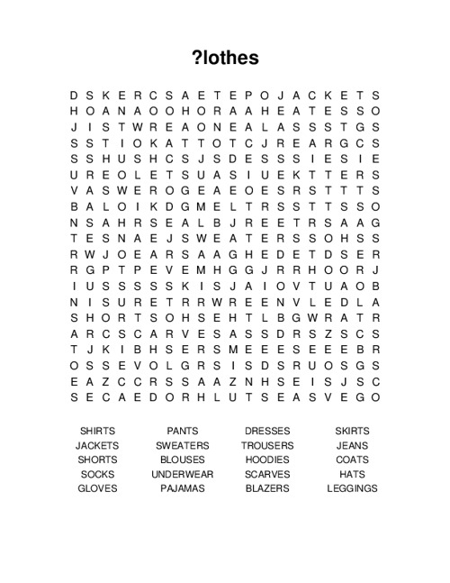 Сlothes Word Search Puzzle