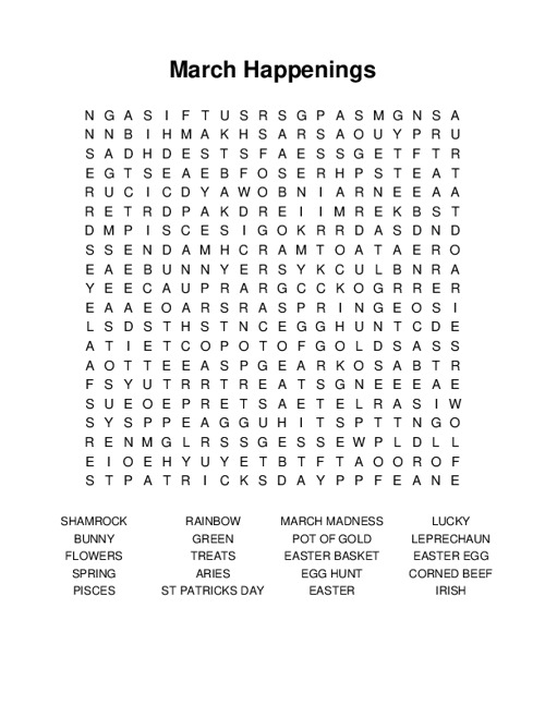 March Happenings Word Search Puzzle