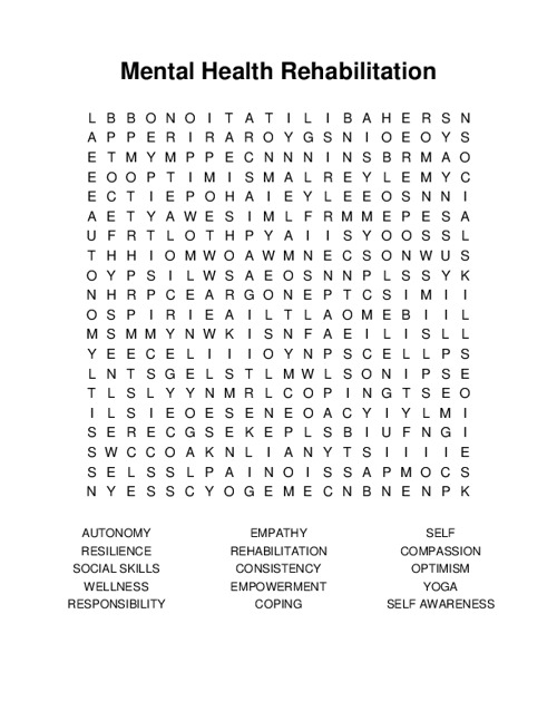 Mental Health Rehabilitation Word Search Puzzle